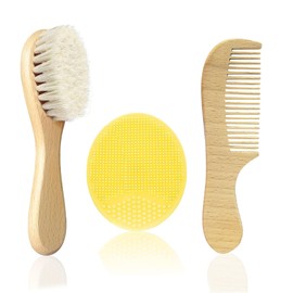 Molylove Baby Hair Brush with Wooden Handle and Comb Set for Newborns & Toddlers | Natural Soft Goat Bristles l Wood comb l Yellow Silicone Brush| Ideal for Cradle Cap (3PCS)