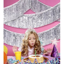 Premium Silver Fringe Tinsel Garland for Party Decorations -4 Layers Thick, 2 Pack | LILF Foil Metallic Tinsel Banner Party Streamers for Wedding Birthday Christmas Decoration Home Hanging Decor