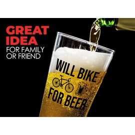 Beer Lover Pint Glass 16oz - Will Bike for Beer - Bike Riders Mountain Biking Bikers Bicycle Beer Brewing Alcohol Gift Cold Beer Drinking Glasses