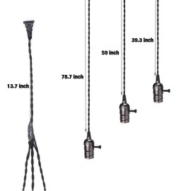 WUYOR Vintage Triple Light Sockets Pendant Light Kit Cord E26 Industrial Hanging Lamp Cord 15.9 FT Twisted Black Cloth Bulb Cord Plug in Hanging Light Fixture