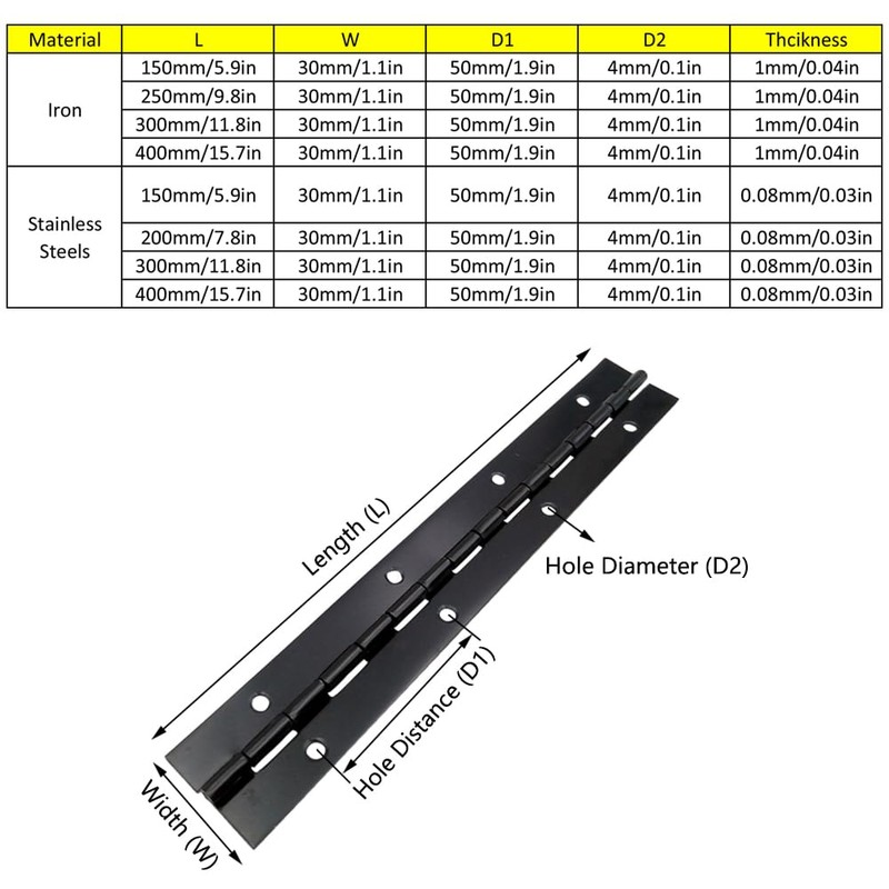 2 Pcs Piano Hinge, 250 x 30 x 1mm Iron