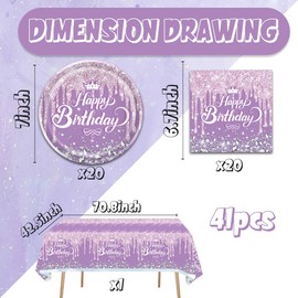 41pcs Purple and Silver Party Supplies ,include Purple and Silver 20 Plates,Purple and Silver 20 Napkin and 1pcs Tablecloth,Used for Purple and Silver Glitter Birthday Party Decoration (violet)