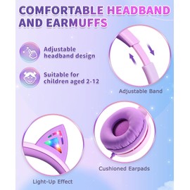 Rockpapa Kids Headphones, Cat Ear Headphones for Kids Girls Boys with LED Light Up, 85dB Volume Limited, 3.5mm Aux Jack, Headphones Wired for Kids Gifts/School/Tablet/PC/Travel, Purple