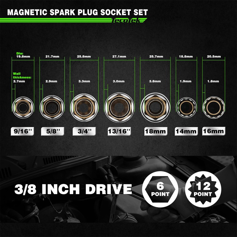 10PCS 3/8" Drive Magnetic Spark Plug Socket Set, Swivel Spark