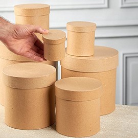 Factory Direct Craft Set of 7 Paper Mache Round Boxes - Papier Mache Cardboard Box Nested Set (3", 4", 5", 6", 7", 8" and 9" Dia) Premade Gift Boxes with Lids for DIY Painting and Decoupage