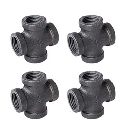 1/2" 4-Way Cross Fitting Connector, Home TZH 4-Pack Cast Malleable Iron 4 Way Corner Pipe Fittings for Industrial vintage style DIY Project/Furniture/Shelving Decoration (4, 1/2“)