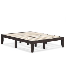 KOMFOTT 14 Inches Wood Platform Bed Frame Full Size, Wooden Mattress Foundation with Rubber Wood Frame, Strong Wooden Slat Support, No Box Spring Needed, Bed Frame (Dark Brown)