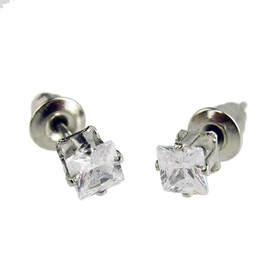 UN21 Men's Silver Crystal Ronaldo Steel Diamond Square Earrings 6mm, Alloy Steel Silver, Cubic Zirconia