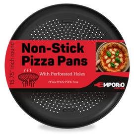 Emporio Kitchen Pizza Baking Pan - 15.75-Inch Round Perforated Carbon Steel Tray with Non-Stick Coating, Dishwasher Safe, Oven Safe (Up To 450° F), Airflow Design, PFOA, PFOS, PTFE Free, Gray