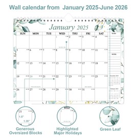 Calendar 2025-2025-2026 Wall Calendar from January 2025 - June 2026, 18 Months Calendar with Premium Paper, Twin-Wire Binding & Hanging Hook, 8.5" x 11", Teal Leaf
