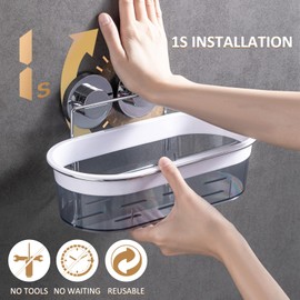 LEVERLOC Shower Caddy Suction Cup, Shower Organizer Removable Bathroom Shelf, Storage Suction Powerful Max Hold 22lbs Bathroom Caddy Waterproof Holder, Chrome & Clear