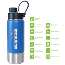 SCHNITZEL UJO Stainless Steel Drinking Bottle, 500 ml, BPA-Free, Children's Thermal Flask, Leak-Proof, Insulated, Double-Walled, Rustproof with Handle, Dishwasher Safe, Indoor Outdoor (500 ml, Blue)