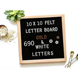 Felt Letter Board 10 x 10 inch Wooden Frame DIY Message Board Memo Menu Notice Kitchen Notes Board with 690 White & Gold Coloured Letters Numbers Symbols Emojis for Home,Restaurant,Party,Wedding