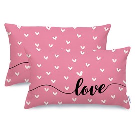 GEEORY Valentines Day Pillow Covers 12x20 Inch Set of 2, Pink Hearts Love Farmhouse Decorative Throw Pillowcases for Home Sofa Couch Cushion Decoration GW05-12