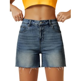 AUWUKA Womens High Waist Jean Shorts Wide Straight Leg Microelastic Long Denim Mom Shorts, Vintage Blue, 4
