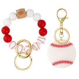 WEWAYSMILE Baseball Silicone Beaded Keychain Wristlet Key Ring Bracelet Suitable for Men and Women Wallets Backpacks Car Keys White
