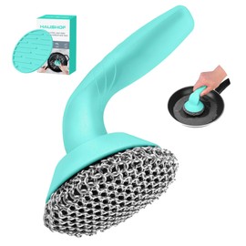 HAUSHOF Cast Iron Scrubber with Long Handle, Chainmail Scrubber Cast Iron Cleaner for Pan, Kitchen Cleaning Kit for Grill, Dutch, Oven