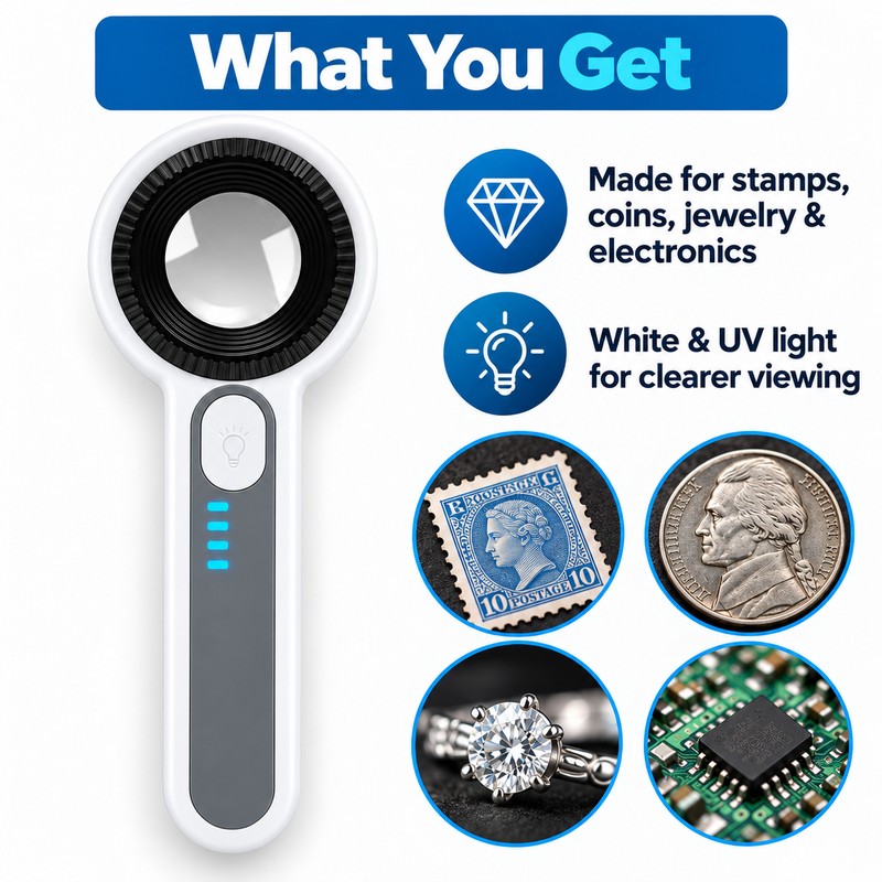 60X LED Magnifying Glass with UV Light, USB-C Rechargeable Handheld