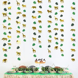 46Ft Gold and Green Animal Palm Leaf Garland Party Decorations Hanging Paper Banner Animal Bunting Streamers for Jungle Safari Animal Zoo Themed Wild One Forest Birthday Boys Baby Shower Summer Decor