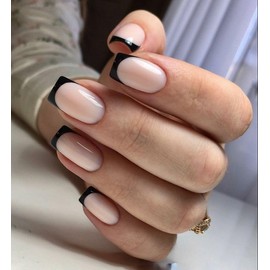 LANYOS 24PCS Press on Nails Short，Fake Nails with Nail Glue, Square False Nails Acrylic Nails Glue On Nails for Women Girls (French Black Short)