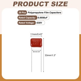 sourcing map 20 Pcs Metallized Polypropylene Film Capacitors, CBB22 630V 562J 0.0056UF Capacitors Assortment Kit for Electronics Appliances and Energy Saving Lamps, Red