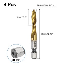 sourcing map 4pcs Combination Drill and Tap Bits Metric M6 x 1 Thread 1/4" Hex Shank Titanium Coated Threading Screw Taps 4341 High Speed Steel Machine Drilling Tapping Tool Kit