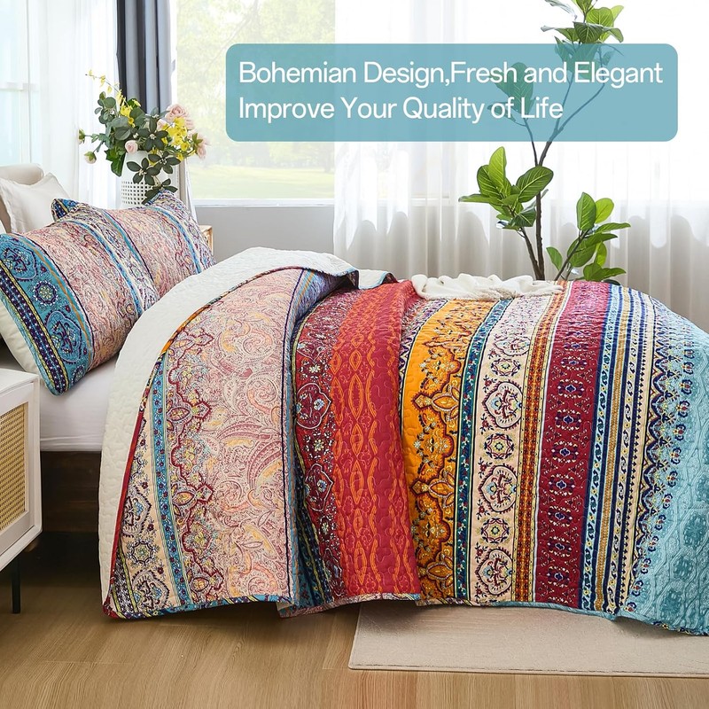 WONGS BEDDING Bohemian Quilt Set Queen Size, Boho Striped Pattern