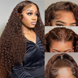 30 Inch Chocolate Brown Lace Front Wig Human Hair Pre Plucked Water Wave 13x4 Lace Front Wigs Human Hair For Women Hd Frontal Wet And Wavy Brown Deep Curly Colored Natural Hairline Free Shedding