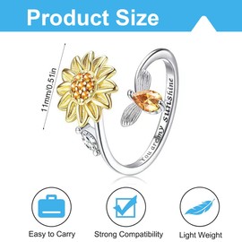 UENXRXE Sunflower Spinning Ring Anxiety Ring Anti-Stress Ring Anxiety Ring Worry Rings Anxiety Spinning Rings for Women Zirconia Fidget Rings Adjustable Stackable for Stress Relief, Metal