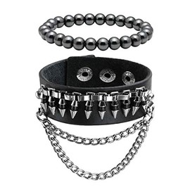 Eigso 2 Pcs Punk Leather Bracelet Set for Men Women Retro Vintage Hematite Metal Cuff Wristbands for Man Woman