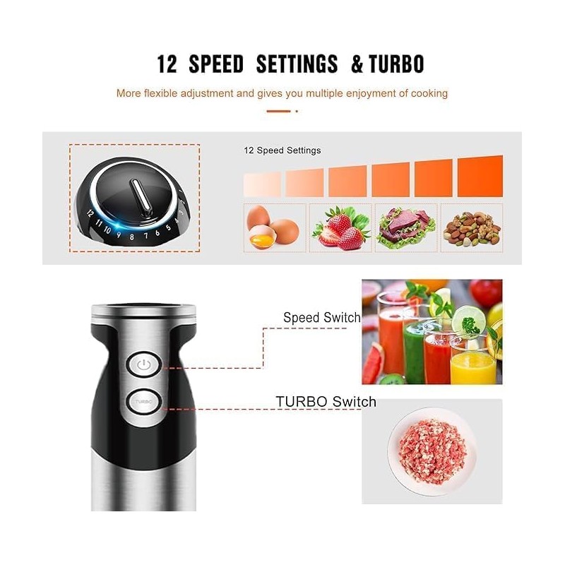 MegaWise Blender Handheld 12-Speed Stainless Steel Electric Hand Blender, 5