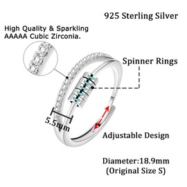 Shuxin Silver Anxiety Ring for Women, 925 Sterling Silver Fidget Ring for Anxiety, Adjustable Bands Stress Relieving Spinner Ring, Cubic Zirconia Thumb Rings for Stress Relief, Silver Fidget Ring