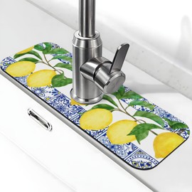 Faucet Drying Mat for Kitchen Sink Absorbent Microfiber Fast Drying Mats Splash Guard Drip Catcher Bathroom Washbasin Drying Pad 15x5.5 in (Lemon)