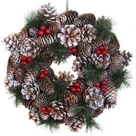 Christmas Hanging Wreath Festive Pine Cone Display Subtle White Frosting 30cm