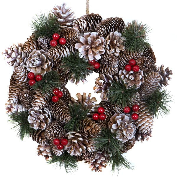 Christmas Hanging Wreath Festive Pine Cone Display Subtle White Frosting