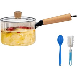 Glass Pot for Stove Top, 60Oz/1.8L Clear Glass Pot Set for Cooking, Saucepan with Cover, Heat-resistant Simmer Pot for Pasta, Soup, Milk, Cookware with Lid and Dual Handle - Colour: Ribbed 60Oz