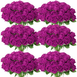 55 PCS Fake Roses Artificial Flowers Bulk, Purp Roses Bridal Bouquet Silk Faux Rose with Stems for Wedding Flowers Decoration, Valentine's Day, Bridal Bouquet, Anniversary,Home Decor (55PCS, Purple)