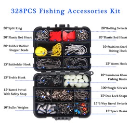 328pcs Fishing Tackle Box Kit,Fishing Accessories Gear Include Saltwater Fishing Hooks,Rubber Bobber Stoppers,Fishing Swivel Nice Snaps,Split Rings,Barrel Copper Sleeves,Bullet Weights Sinker Slides