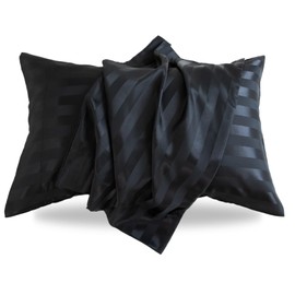 LIFCOM Satin Pillowcase for Hair and Skin,King Striped Black 20x36 Inches Set of 2，Similar to Silk,Silky Feel Satin Pillow Covers 2 Pack with Envelope Closure(20"×36", Striped Black)