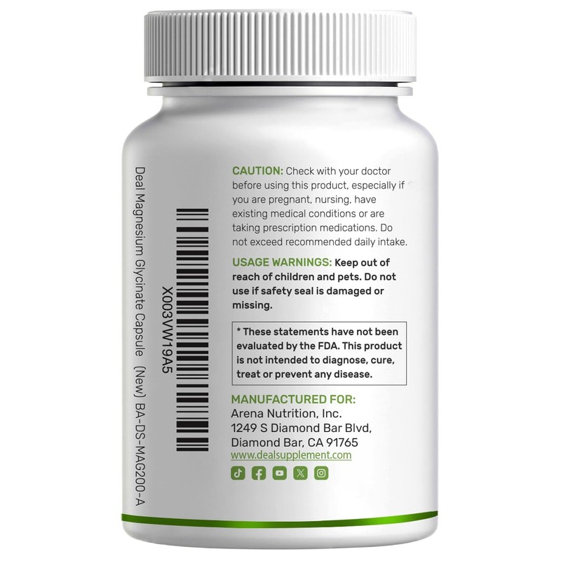 Magnesium Glycinate 500mg Per Capsule (1000mg Per Serving) Plus Vitamin