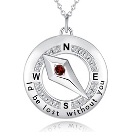 FANCIME Compass Birthstone Necklace for Women Sterling Silver Compass Jewelry Genuine Garnet Pendant January Birthstone Necklace Red Gemstone Anniversary Birthday Christmas Gifts for Wife Her