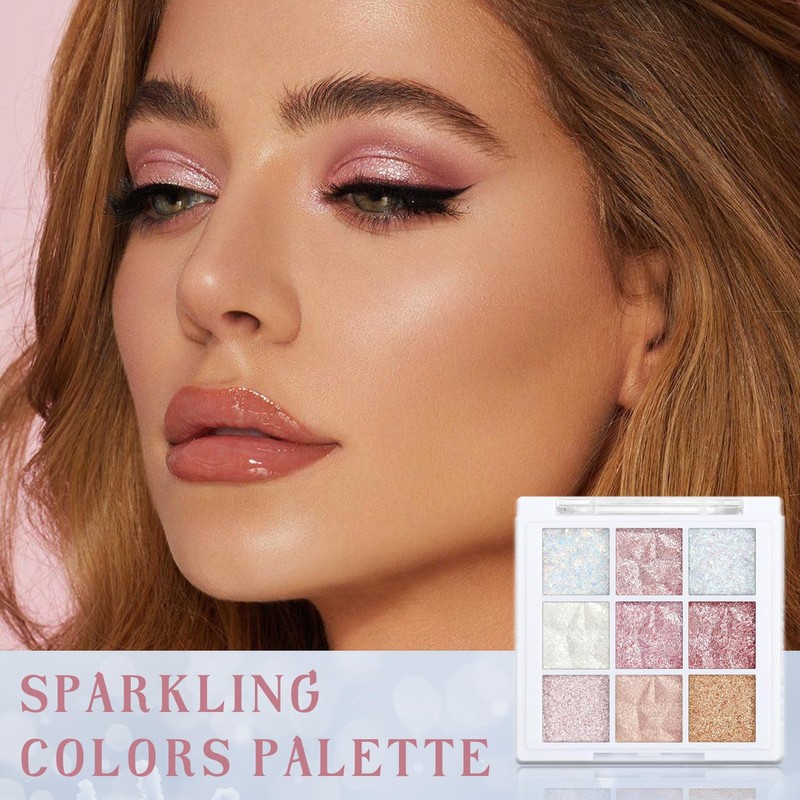 9-Color Shimmer Eyeshadow Palette – White & Pink Glitter Shades,