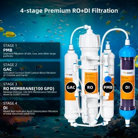 4-Stage Aquarium Reverse Osmosis System with Flushing Valve Portable RO+DI deionized Water Filtration,Colour Changing DI Filter,100 GPD-TDS Close to 0 ppm