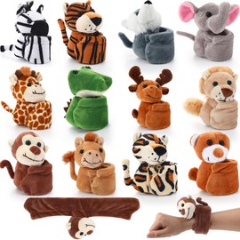 Relaxgiant 12 Pcs Stuffed Animal Slap Bracelet Plush Toy Hug Animal Slap Bracelet Plush Wrist Cute Snap Bracelets for Birthday Party Favors(Forest Style)