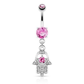 Pierced Owl 14GA Stainless Steel CZ Crystal Hamsa Hand Dangling Belly Button Ring, Metal, cubic-zirconia
