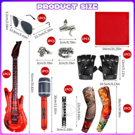 QMLING 11PCS Rockstar Fancy Dress Kids Men, Punk Rock Star Fancy Dress Kids, Heavy Metal Kids Rockstar Costume with Rings Glasses Gloves Sleeves Bandana Bracelet Inflatable Guitar Microphone