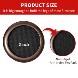 Ezprotekt 3 inch Premium EVA Castor Cups for Wooden Floors & Smooth Surfaces Φ 76 mm - Dark Brown Wood Grain - 12PCS Chair Leg Floor Protectors - Castors for Furniture - Furniture Cups