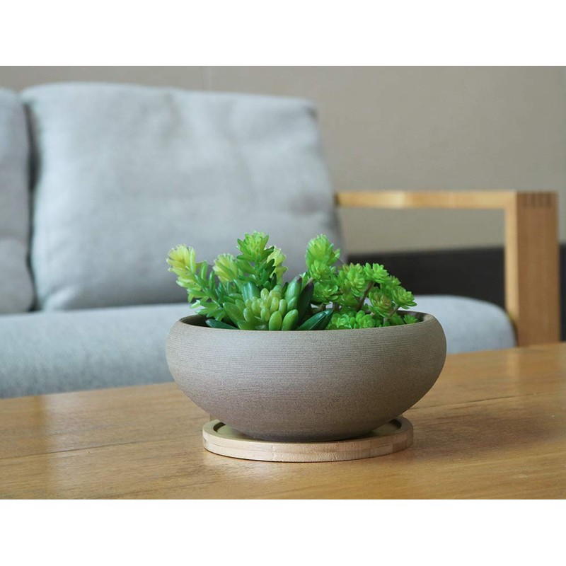 MUZHI Round Unglazed Ceramic Bonsai Pot with Bamboo Tray, Large