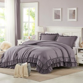 Cupocupa Purple Pink Comforter Set Queen, 3Pcs Comforters Queen Size Ruffle Farmhouse Bedding Sets Queen with Comforter, Lightweight Soft Shabby Chic Bedding Comforter Set Fluffy for All Season