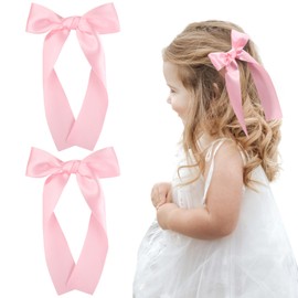 2Pcs Long Ribbon Hair Bows for Girls Hair Clip Silk Hair Bow Ribbon Hair Accessories for Baby Toddlers Infant Teens Kids (Pink)